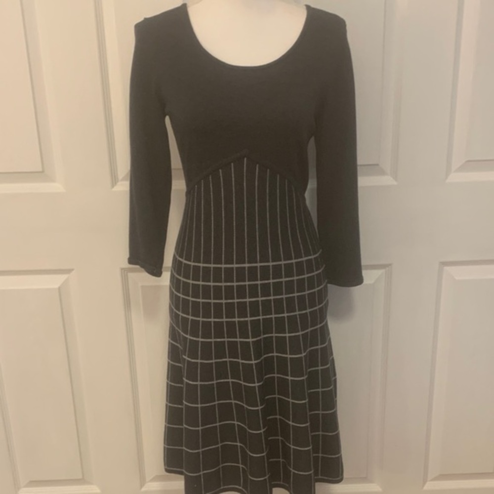 Nine West Black and White Grid Long Sleeve Dress
